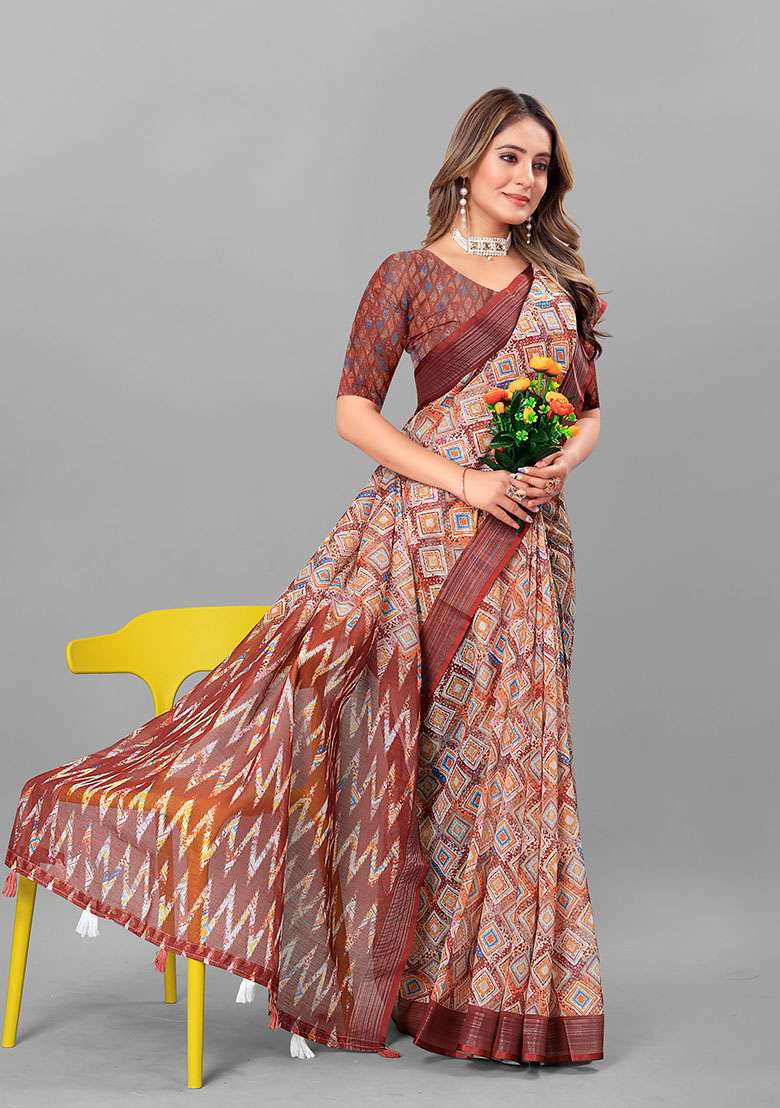 Brown Geometric Print Linen Cotton Saree Set - Indya