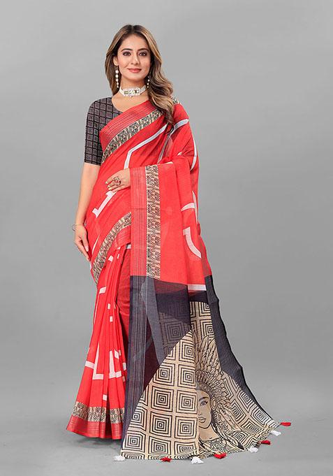 Red Geometric Print Linen Cotton Saree Set