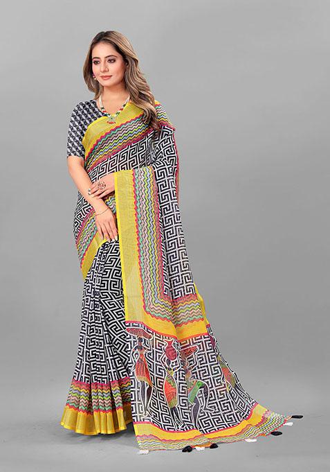 Black Geometric Print Linen Cotton Saree Set