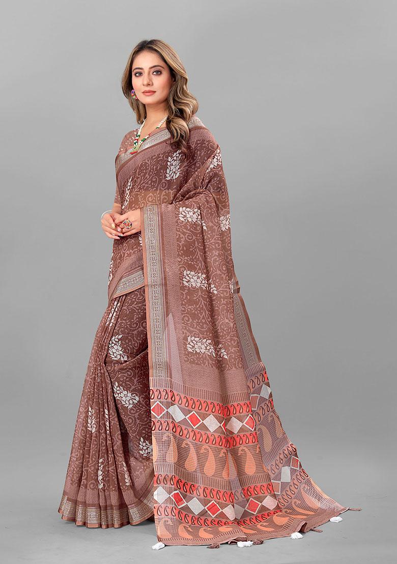 Brown Floral Print Linen Cotton Saree Set