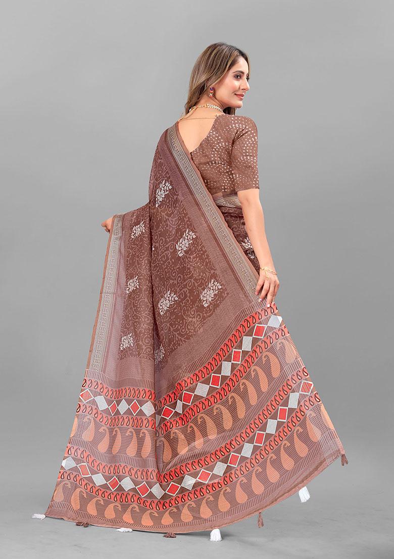 Brown Floral Print Linen Cotton Saree Set