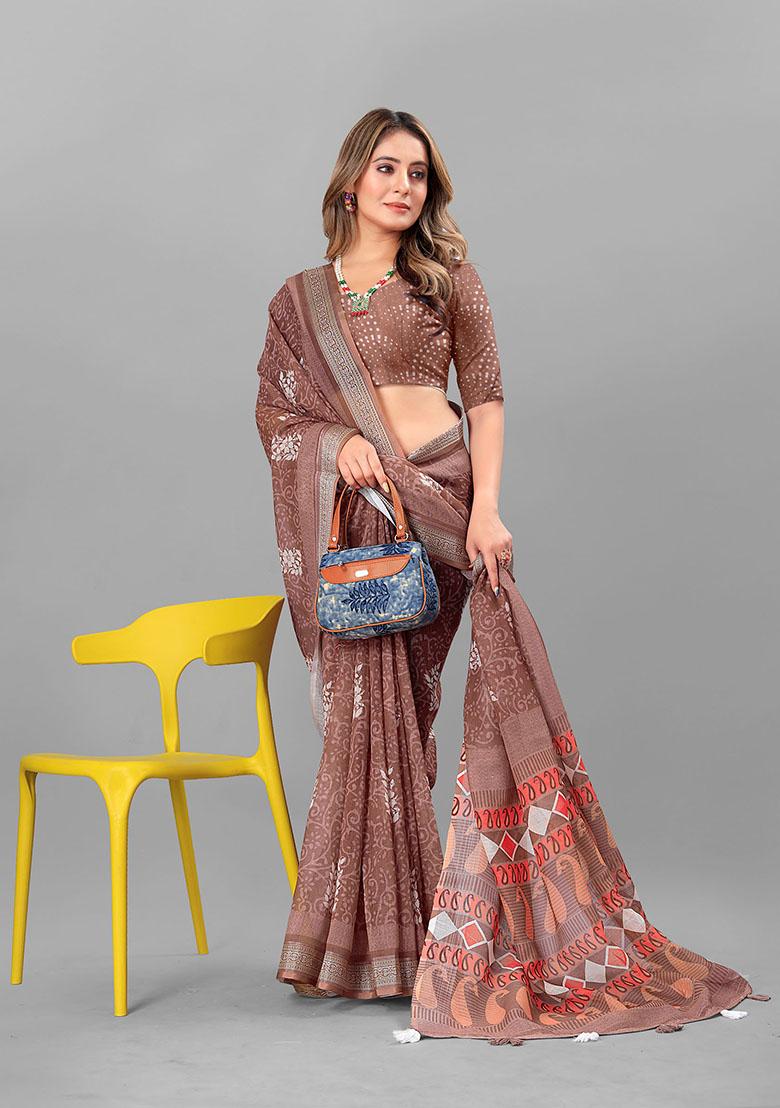 Brown Floral Print Linen Cotton Saree Set