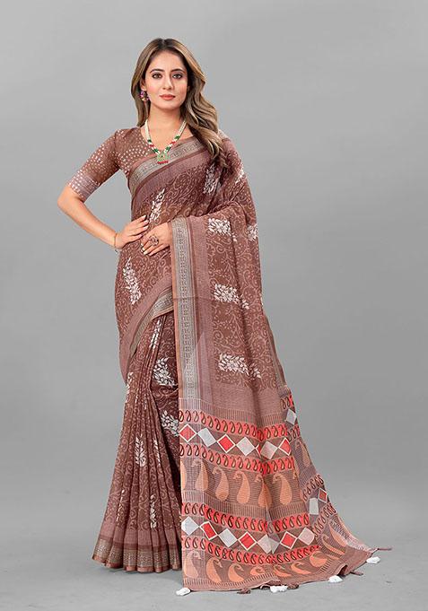 Brown Floral Print Linen Cotton Saree Set