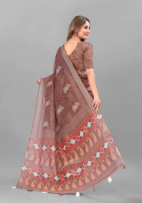 Brown Floral Print Linen Cotton Saree Set