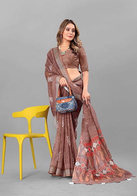 Brown Floral Print Linen Cotton Saree Set