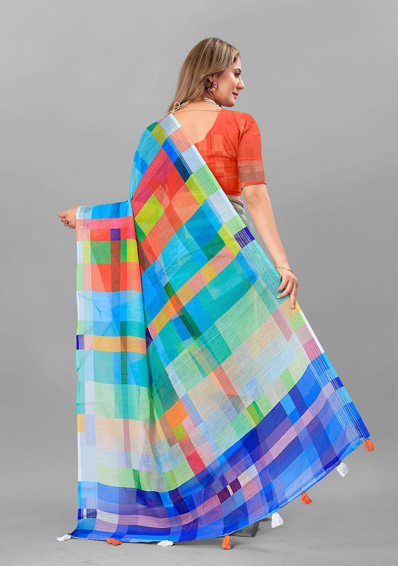 Multi Geometric Print Linen Cotton Saree Set