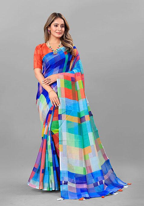 Multi Geometric Print Linen Cotton Saree Set