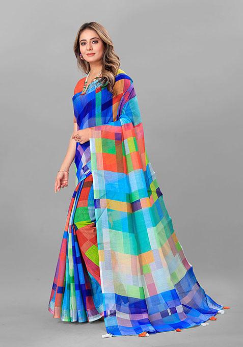 Multi Geometric Print Linen Cotton Saree Set