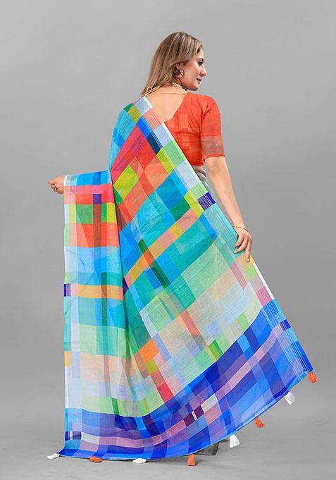 Multi Geometric Print Linen Cotton Saree Set