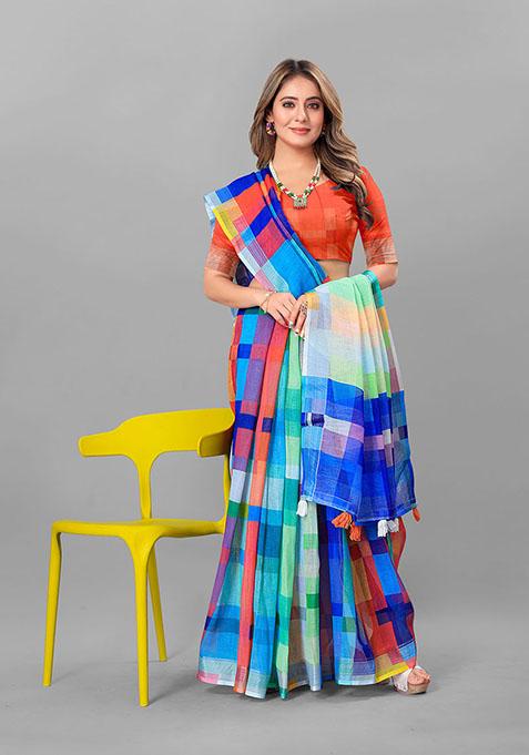 Multi Geometric Print Linen Cotton Saree Set