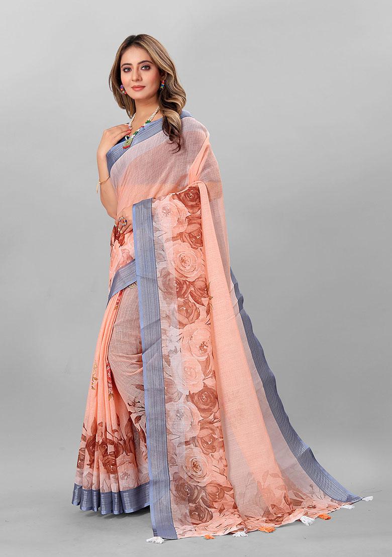Peach Floral Print Linen Cotton Saree Set