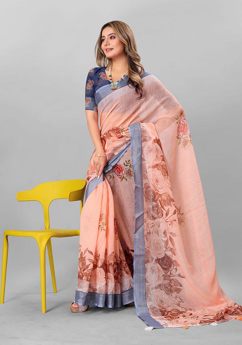 Peach Floral Print Linen Cotton Saree Set