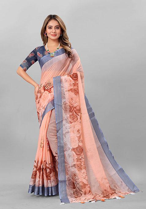 Peach Floral Print Linen Cotton Saree Set