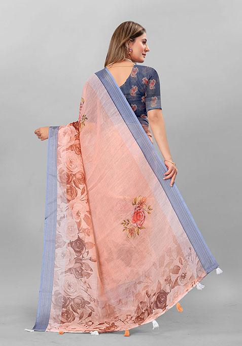 Peach Floral Print Linen Cotton Saree Set