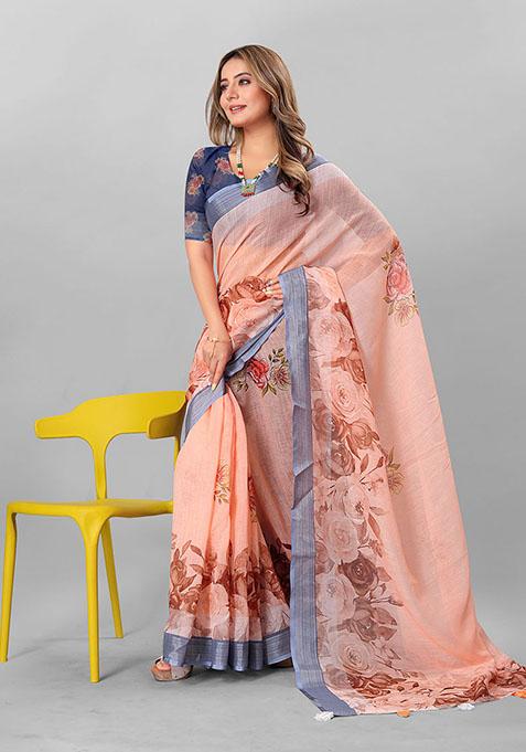 Peach Floral Print Linen Cotton Saree Set