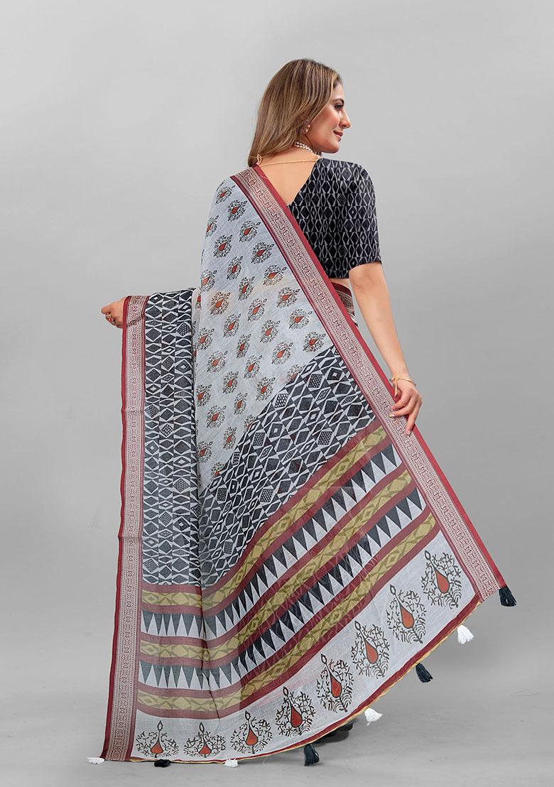 Grey Ethnic Motifs Linen Cotton Saree Set