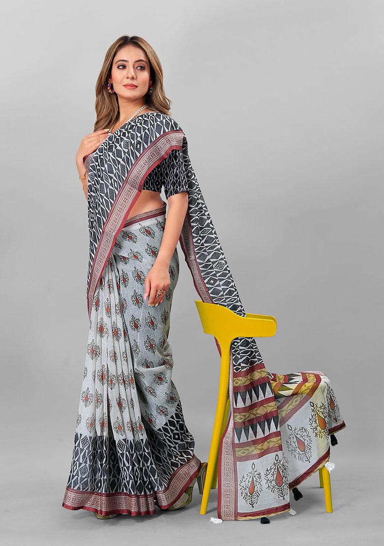 Grey Ethnic Motifs Linen Cotton Saree Set