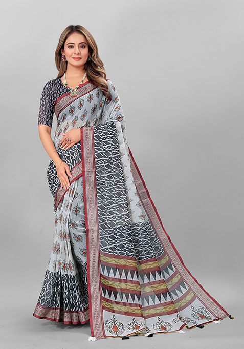 Grey Ethnic Motifs Linen Cotton Saree Set