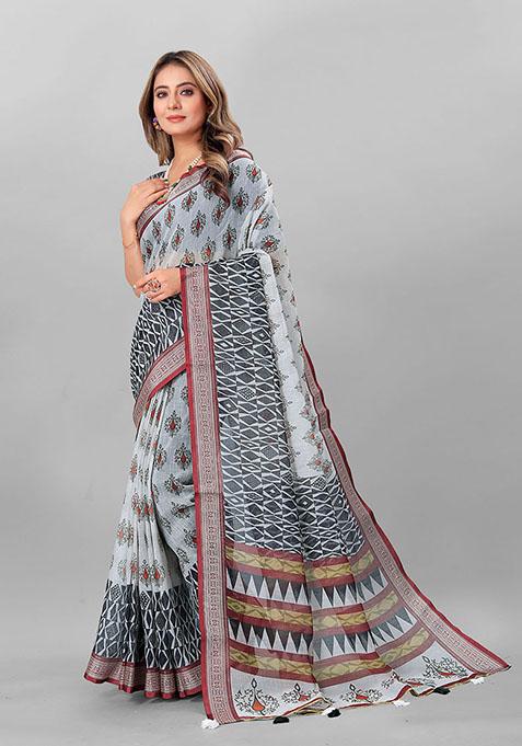 Grey Ethnic Motifs Linen Cotton Saree Set