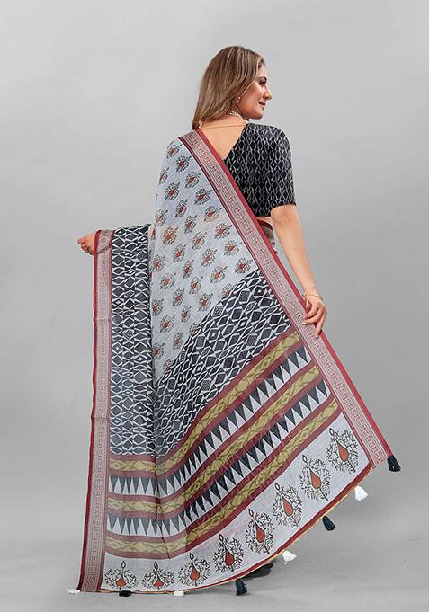 Grey Ethnic Motifs Linen Cotton Saree Set