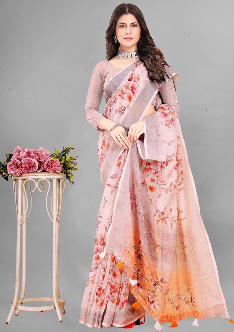 Peach Floral Print Linen Cotton Saree Set