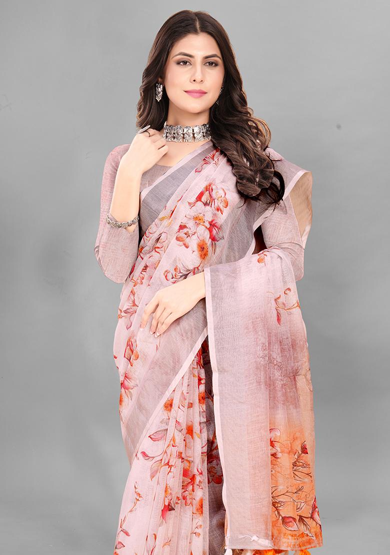Peach Floral Print Linen Cotton Saree Set