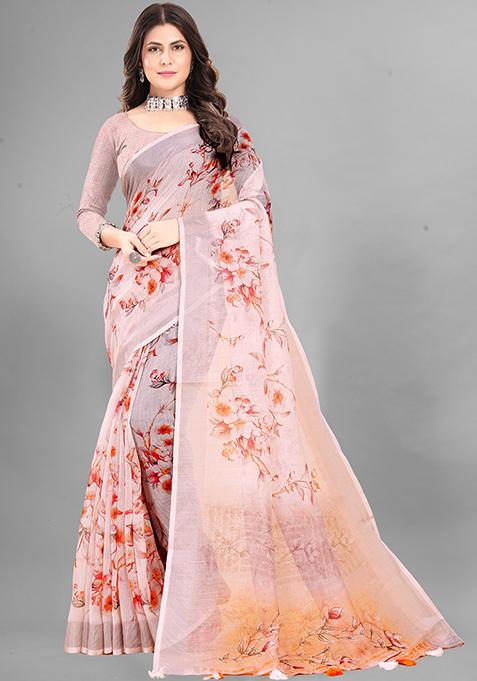 Peach Floral Print Linen Cotton Saree Set