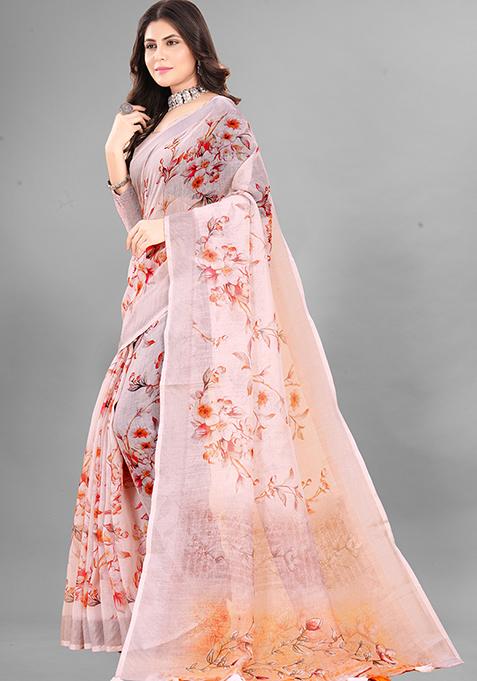 Peach Floral Print Linen Cotton Saree Set