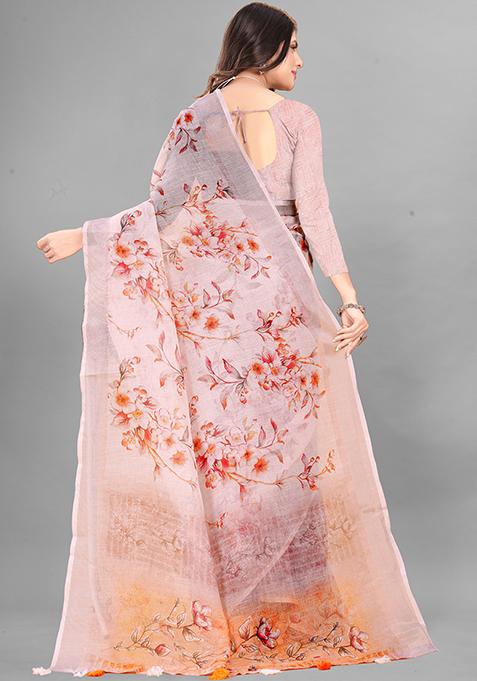 Peach Floral Print Linen Cotton Saree Set