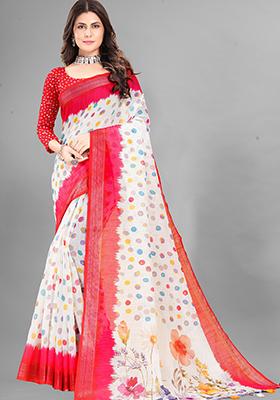 Red Printed Linen Cotton Saree Set