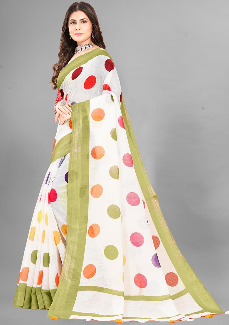 White Polka Dots Linen Cotton Saree Set