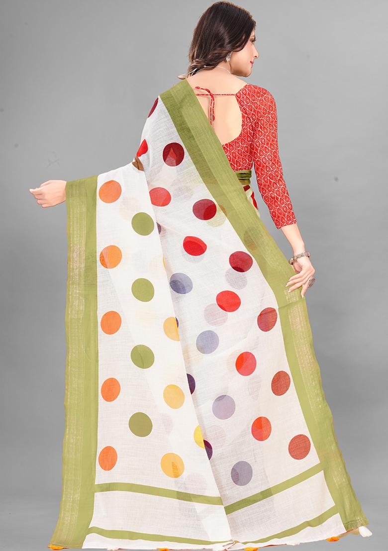 White Polka Dots Linen Cotton Saree Set