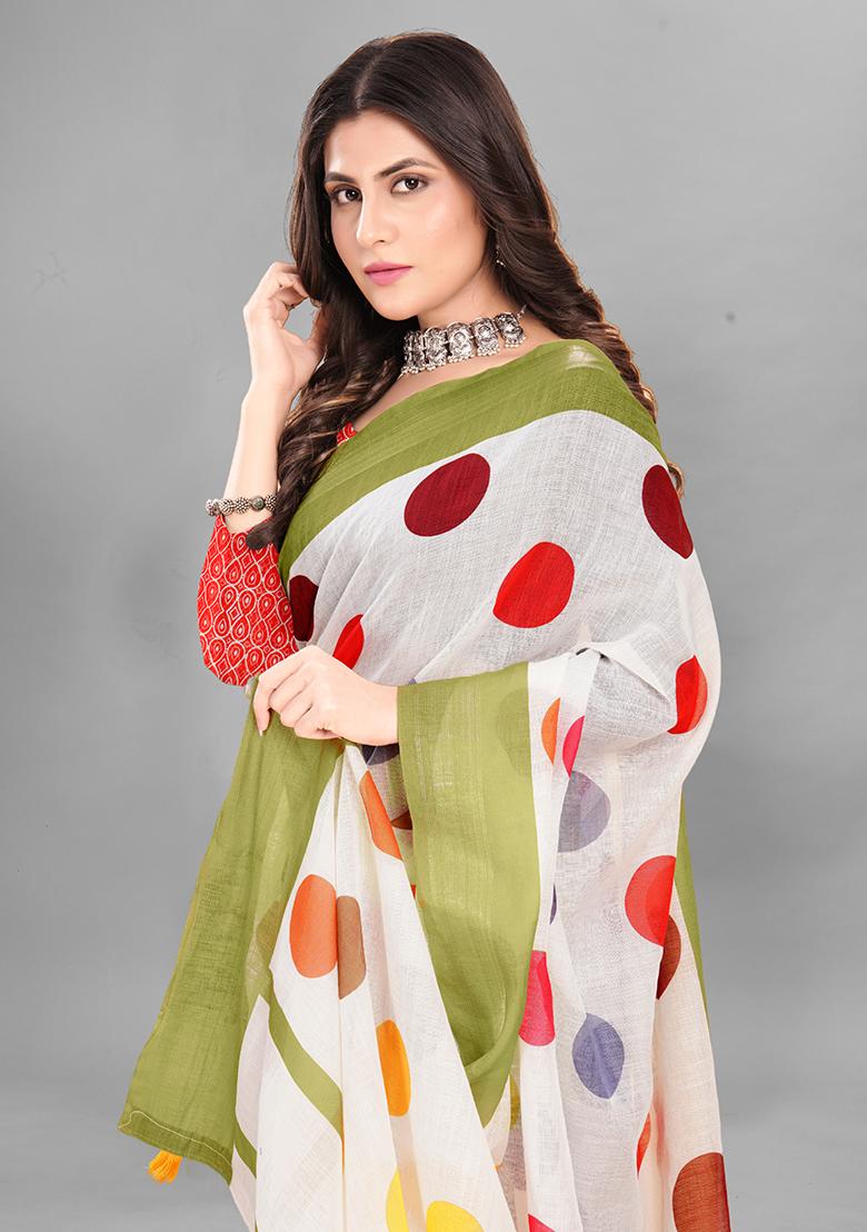 White Polka Dots Linen Cotton Saree Set