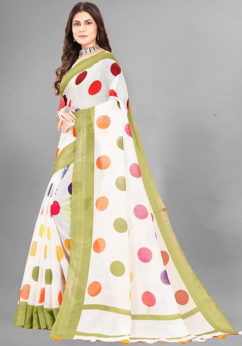 White Polka Dots Linen Cotton Saree Set