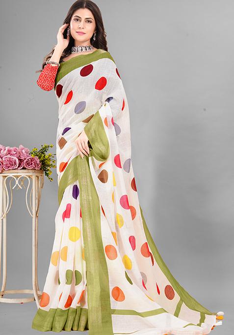 White Polka Dots Linen Cotton Saree Set