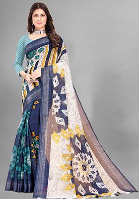 Multi Printed Linen Cotton Saree Set
