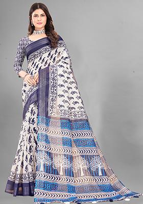 White Printed Linen Cotton Saree Set