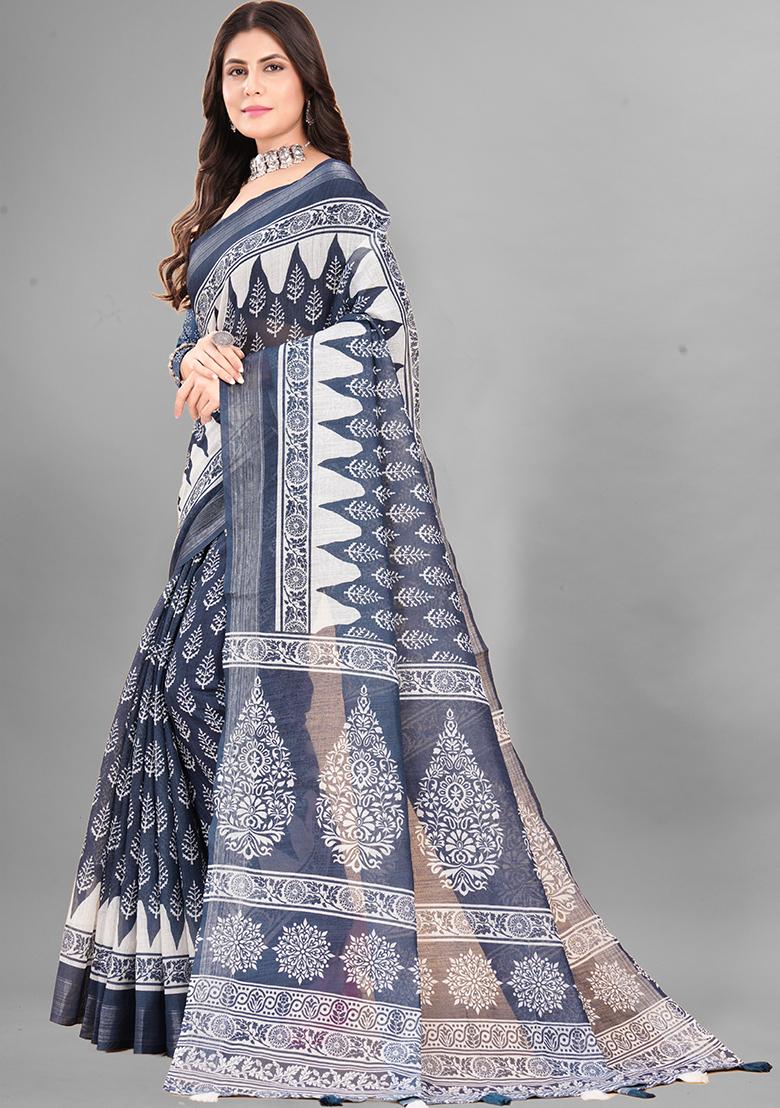 Grey Ethnic Motifs Linen Cotton Saree Set