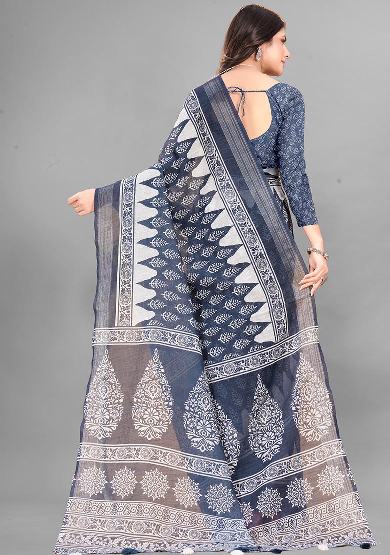 Grey Ethnic Motifs Linen Cotton Saree Set