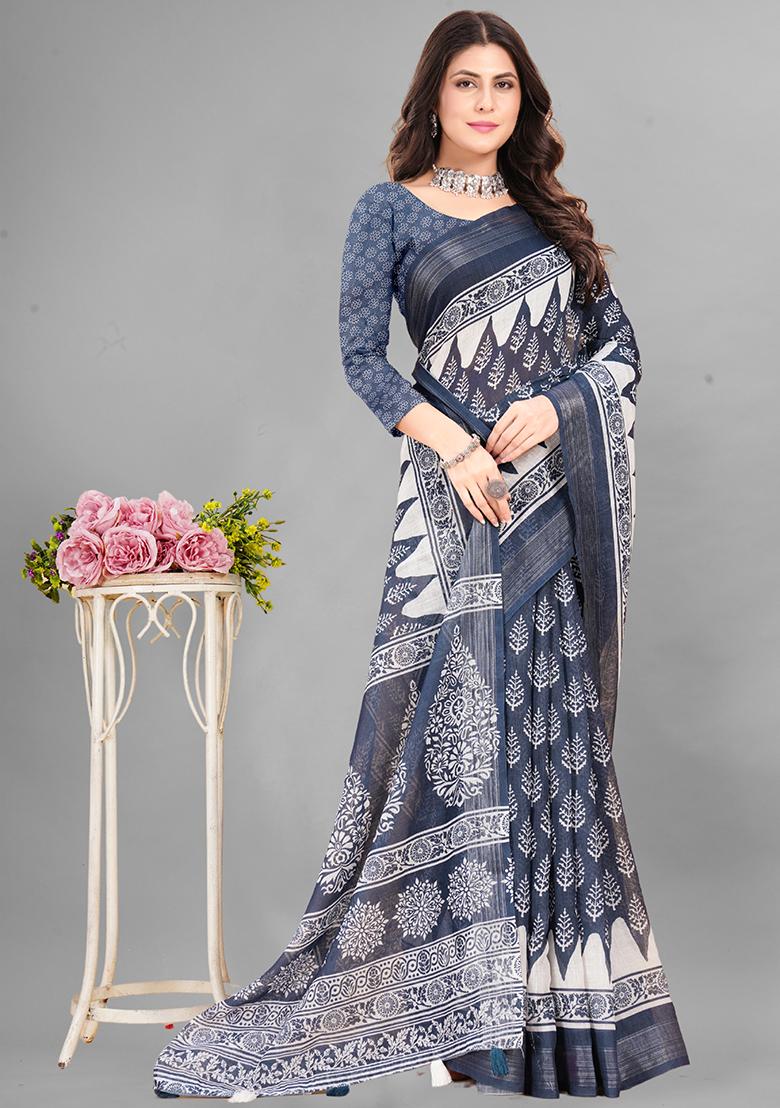 Grey Ethnic Motifs Linen Cotton Saree Set