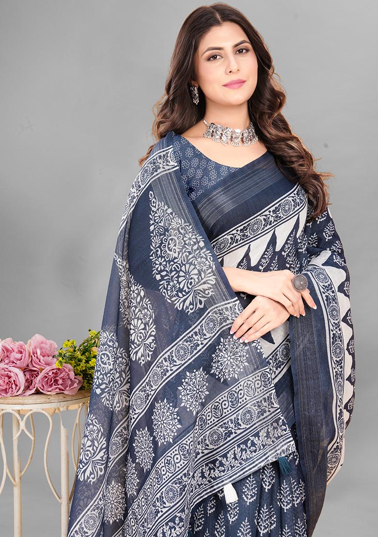 Grey Ethnic Motifs Linen Cotton Saree Set