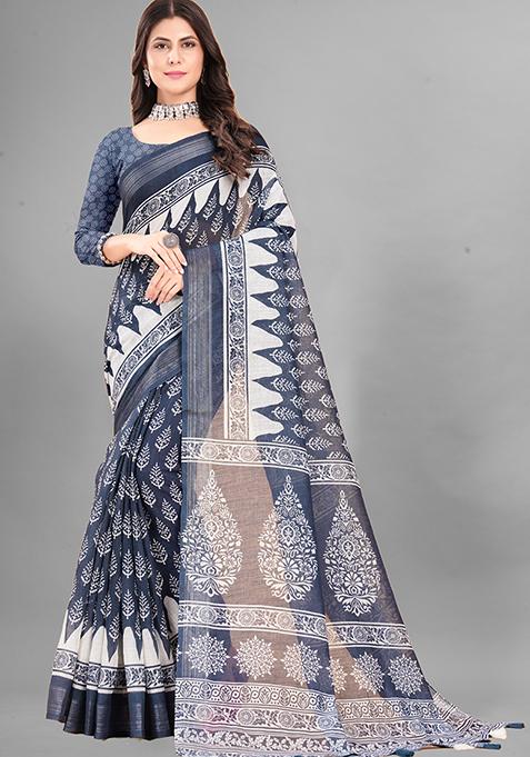 Grey Ethnic Motifs Linen Cotton Saree Set