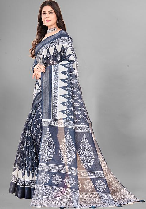 Grey Ethnic Motifs Linen Cotton Saree Set