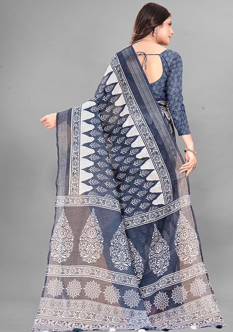 Grey Ethnic Motifs Linen Cotton Saree Set