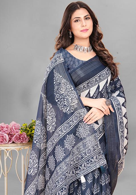 Grey Ethnic Motifs Linen Cotton Saree Set