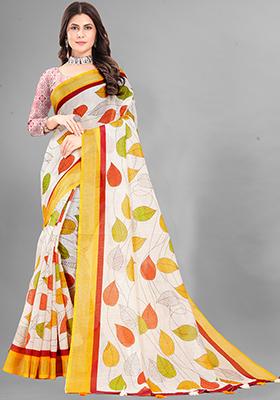 Cream Printed Linen Cotton Saree Set