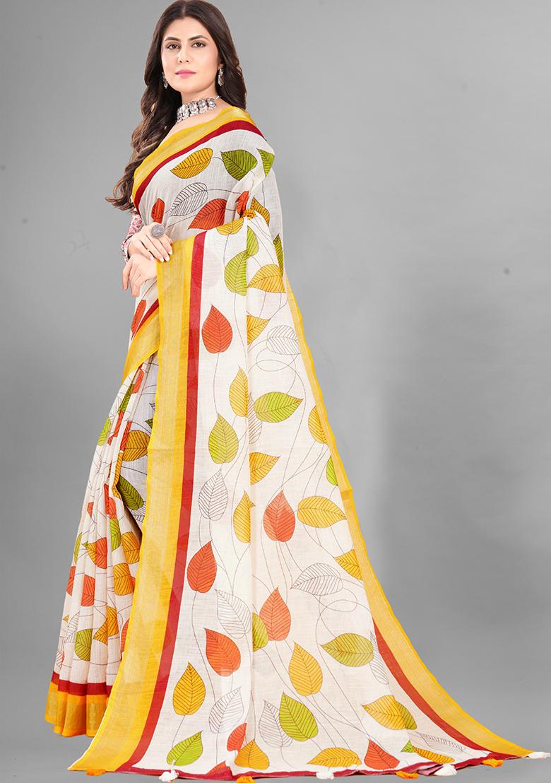 Cream Printed Linen Cotton Saree Set