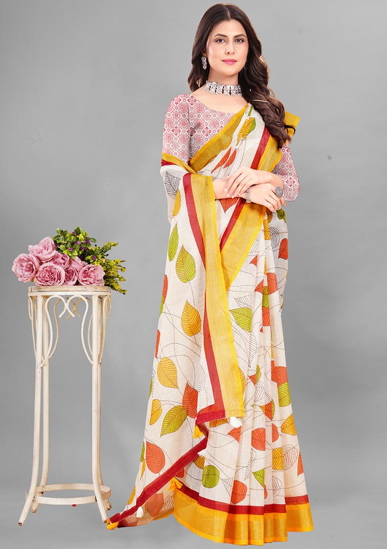 Cream Printed Linen Cotton Saree Set