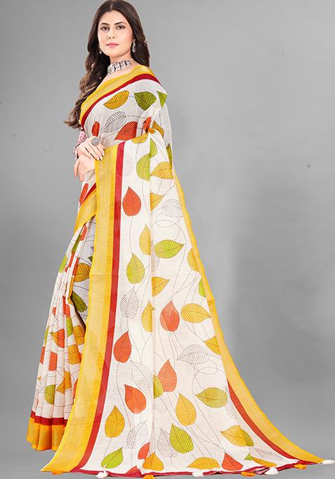 Cream Printed Linen Cotton Saree Set