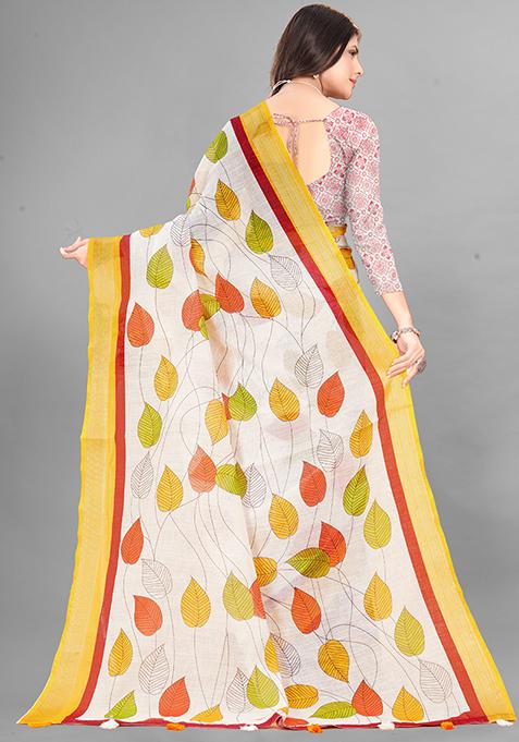 Cream Printed Linen Cotton Saree Set